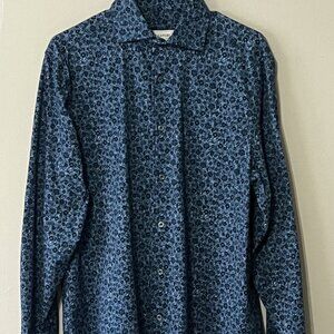 Bugatchi Men's Large Button Down Shirt 8-Way Stretch Blue Floral Print EUC